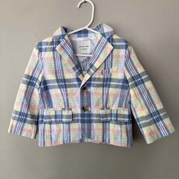 Janie and Jack Plaid Linen Cotton Blazer Jacket Boys 18 24 Mos Blue Pink Preppy - Picture 3 of 16
